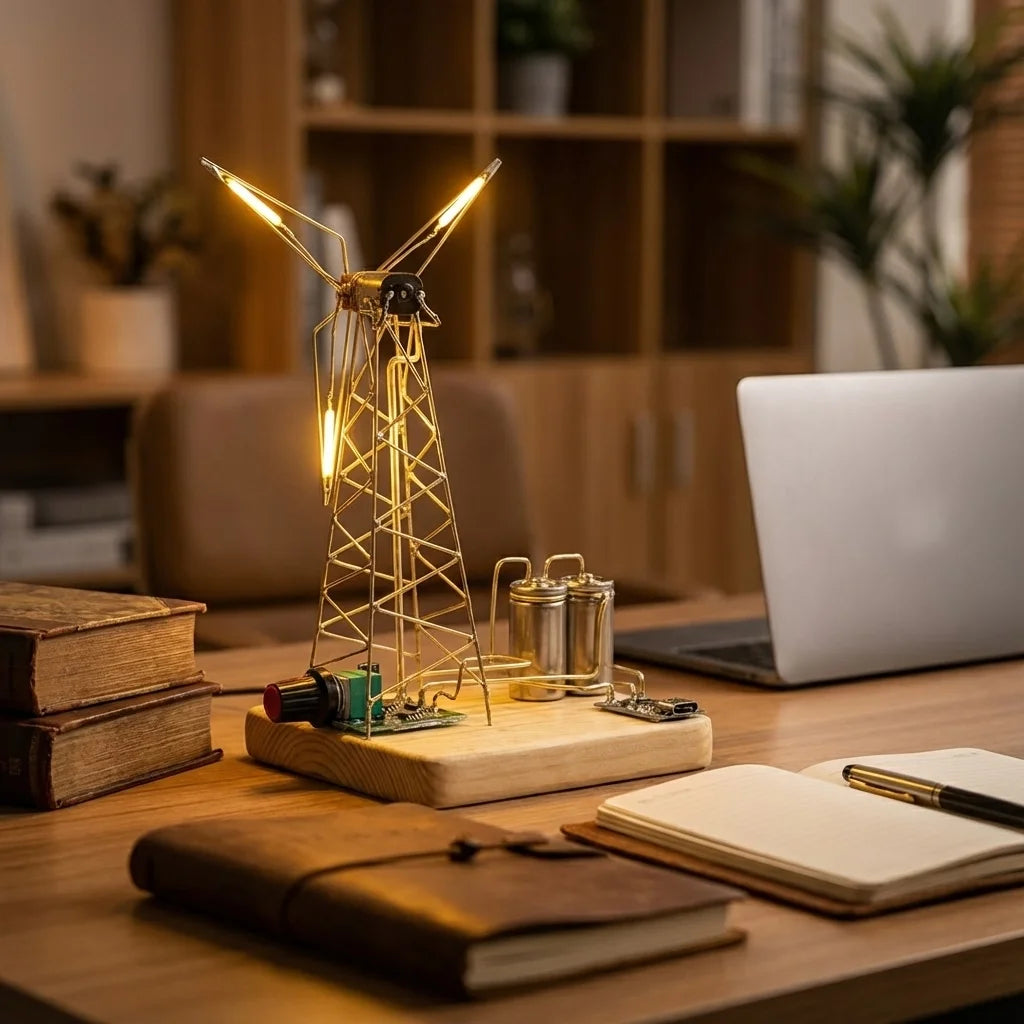 DIY Windmill Light Kit Industrial Bedside Ambient Lamp Copper Desk Decor Birthday/Holiday Gift Adjustable Speed Glowing Blades