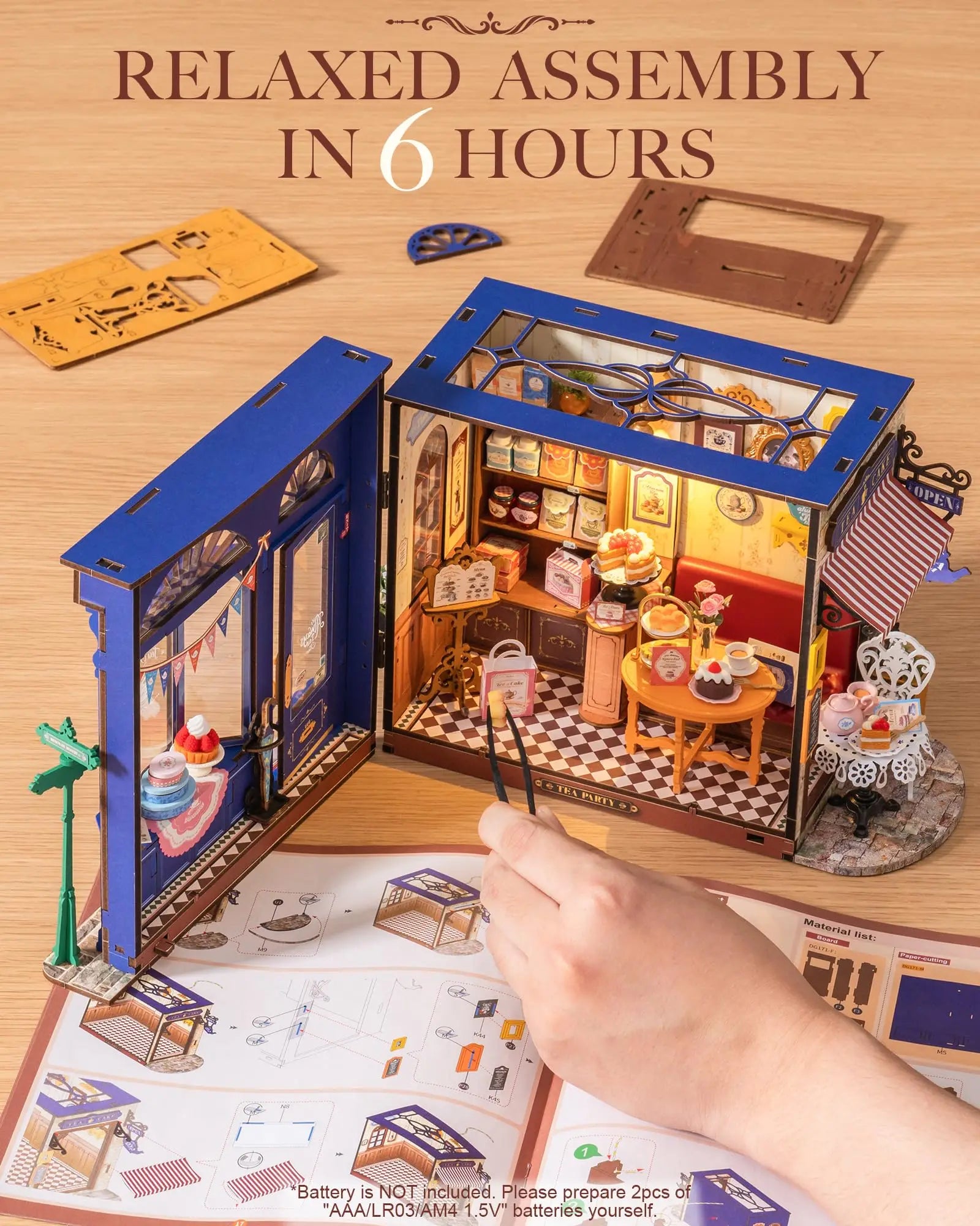 Robotime DIY Miniature Leisure Time Tea Room Dollhouse 3D Wooden Puzzle Toys Precolored Wood Home Decor for Teens&Adults